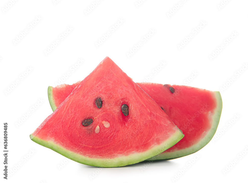 Pieces of ripe watermelon on white background