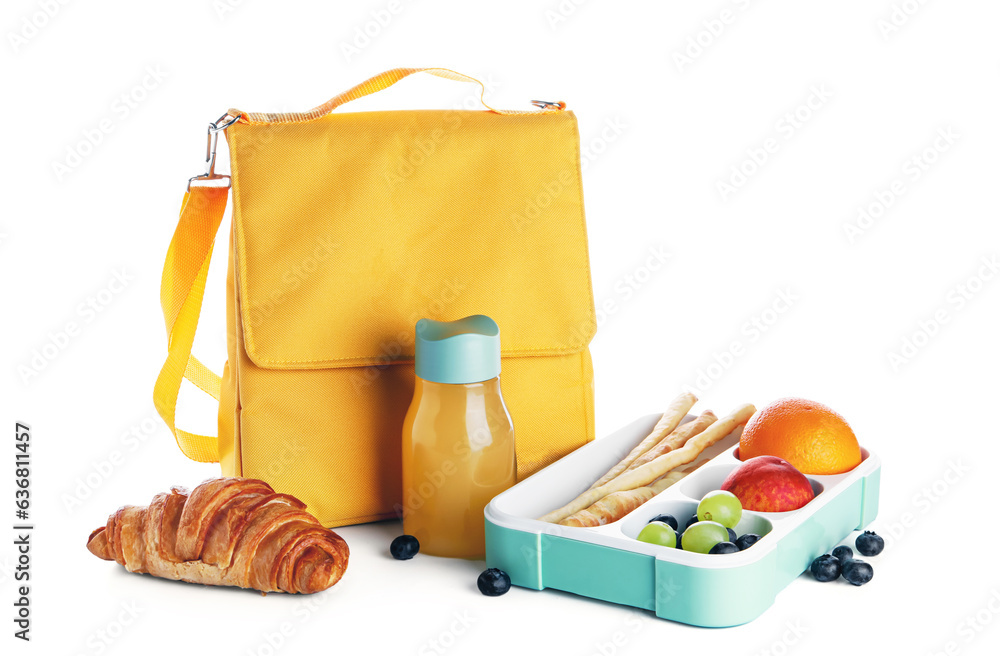 Bag, bottle of juice and lunchbox with tasty food isolated on white background