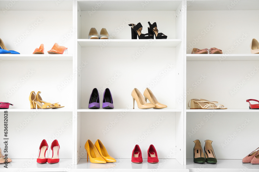 Shelves with different female shoes in boutique