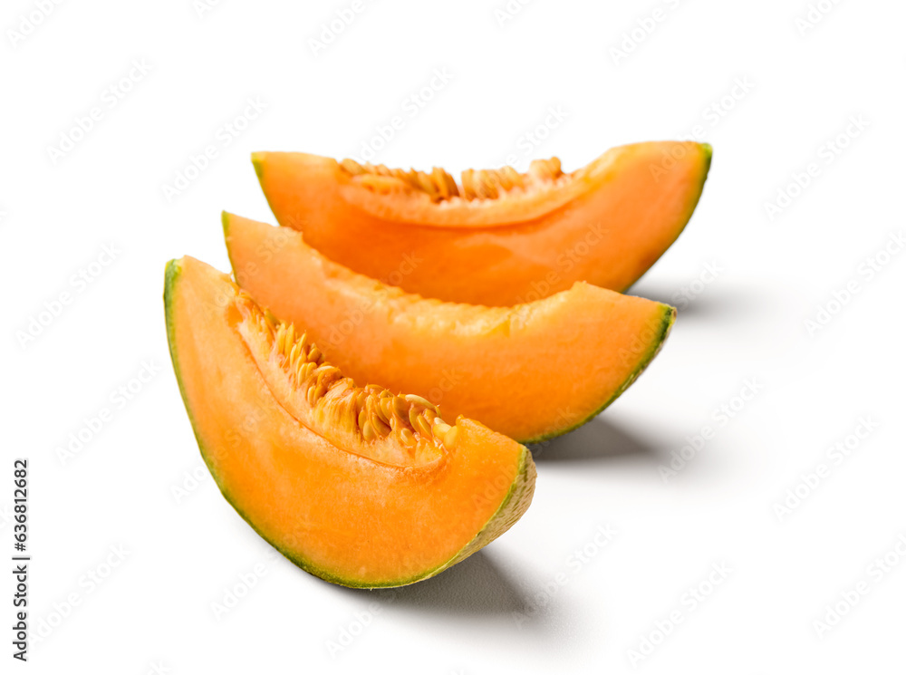 Slices of tasty ripe melon on white background