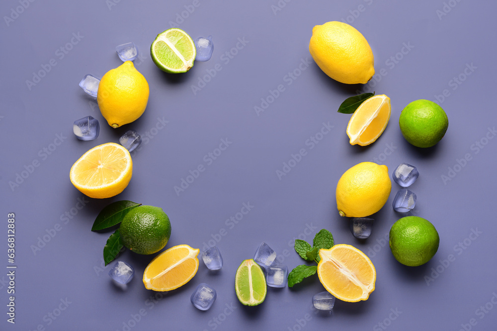 Frame made of fresh lemons and limes with ice cubes on blue background