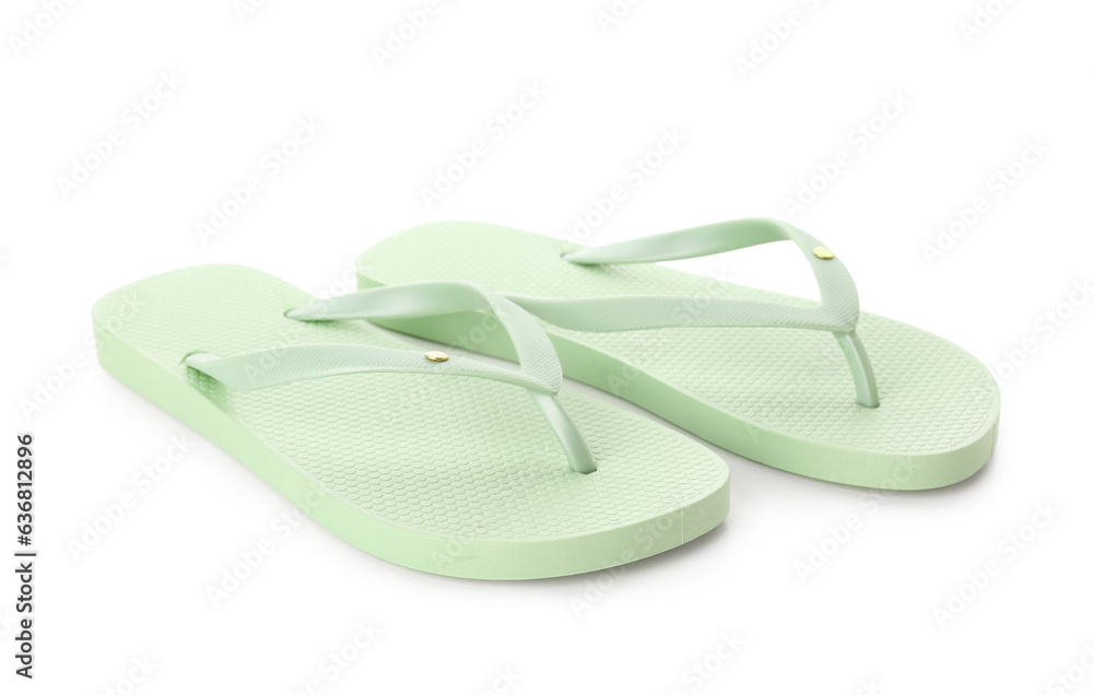 Green female flip flops on white background