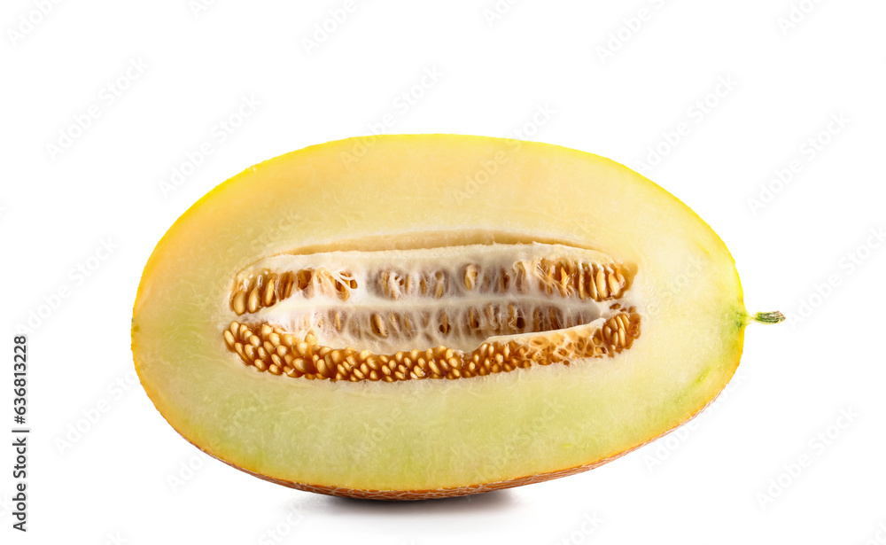 Half of sweet melon on white background