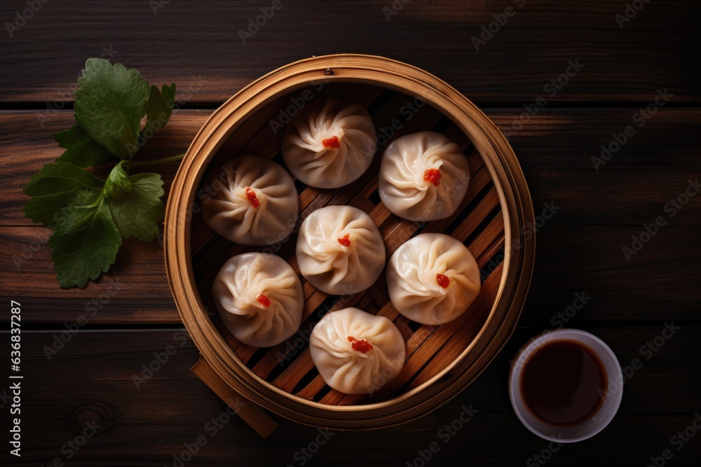 Steamed dumpling in bamboo steamer on rustic wooden table top.