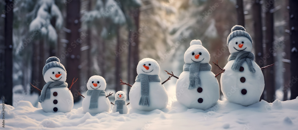 Group of snowman standing with hats and scarves on their heads and scarfs around their necks in wint