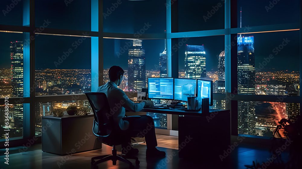 Back view business man sit at the computer working at night with window city view background. person