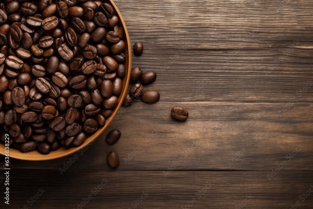 Coffee beans close up on rustic wooden background.