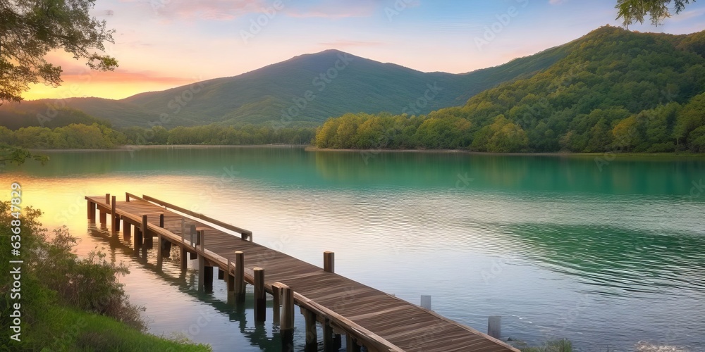 Long bridge on river or lake. Wooden old bridge perspective in early morning with blue sky & clouds.