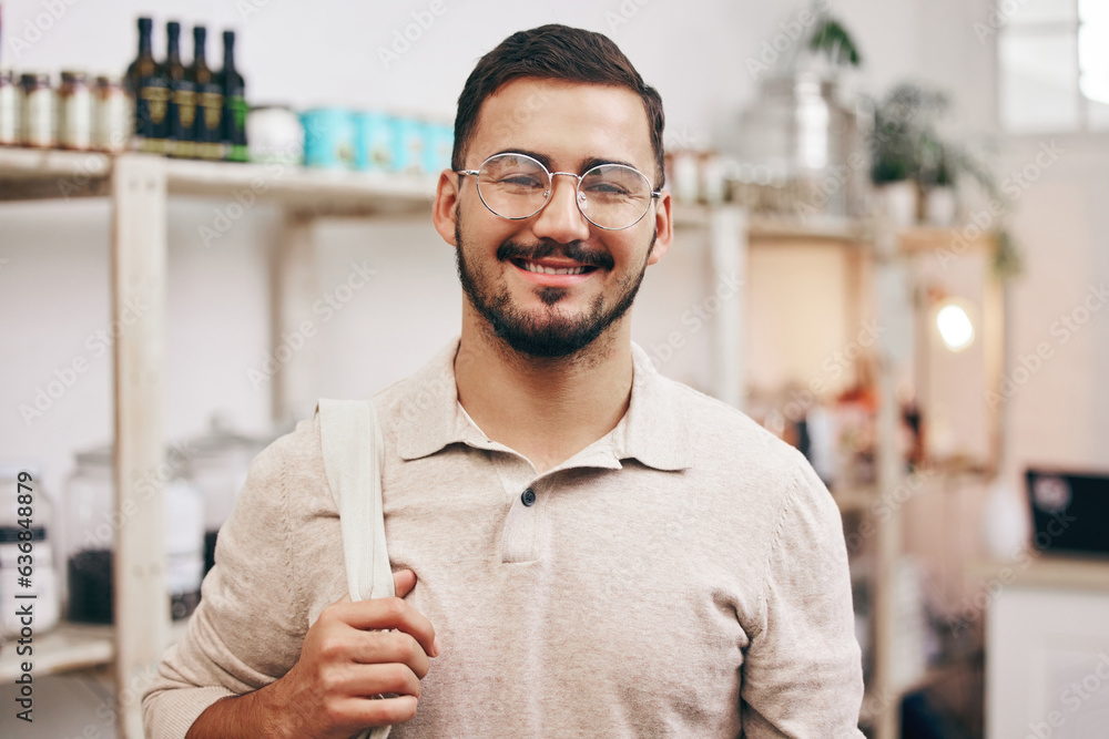 Man, portrait and shopping in local grocery store for healthy food, nutrition and wellness product s