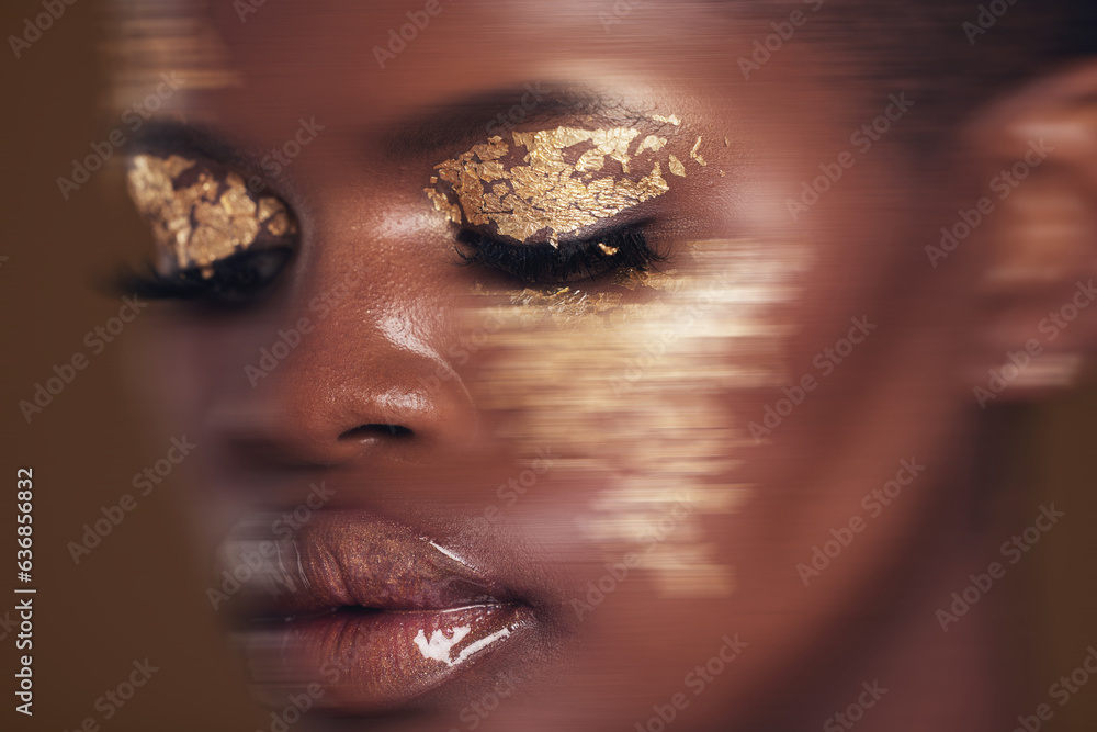 Gold beauty, blurred and black woman with face closeup with makeup and cosmetics in studio. Brown ba