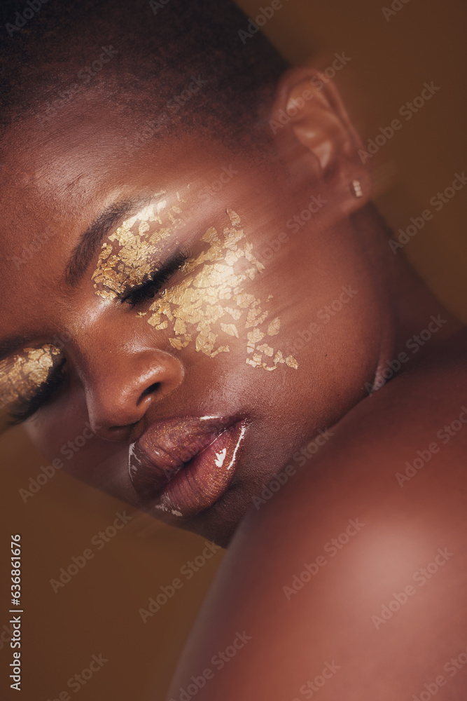 Gold beauty, blurred and black woman with eye makeup closeup with cosmetics in studio. Brown backgro