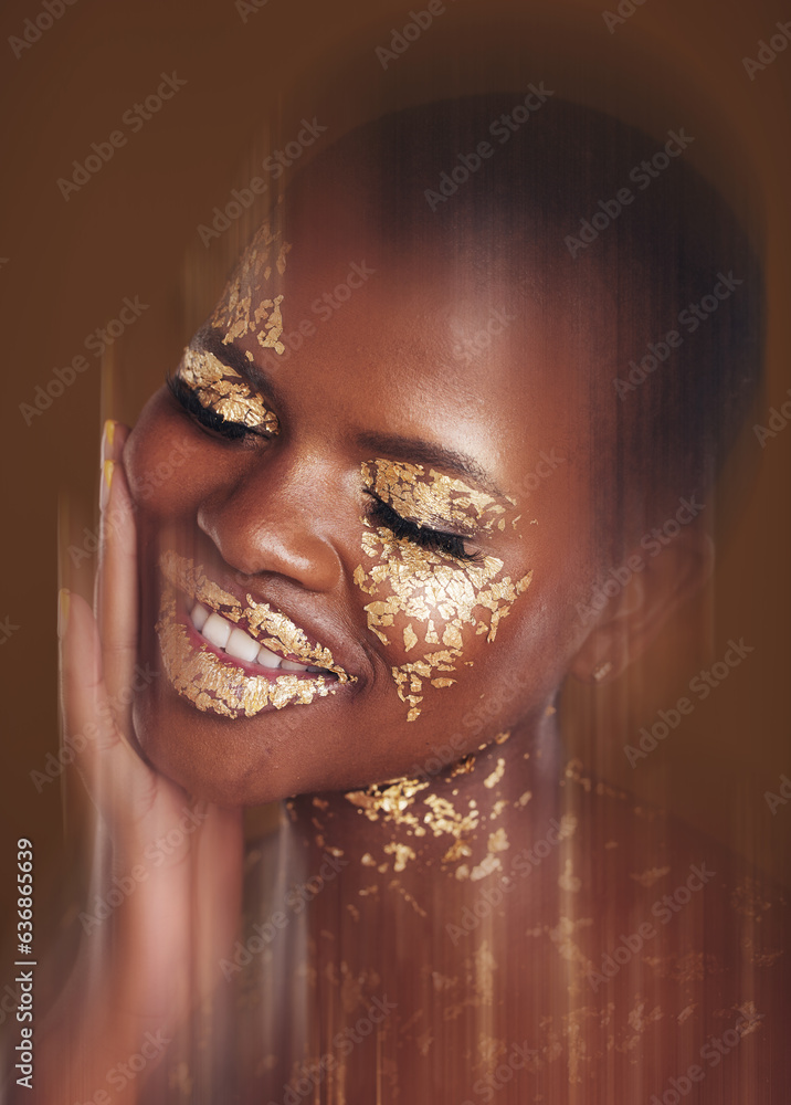 Gold beauty, spa mask and woman with blur in studio with glitter cosmetics and sparkle art. Brown ba