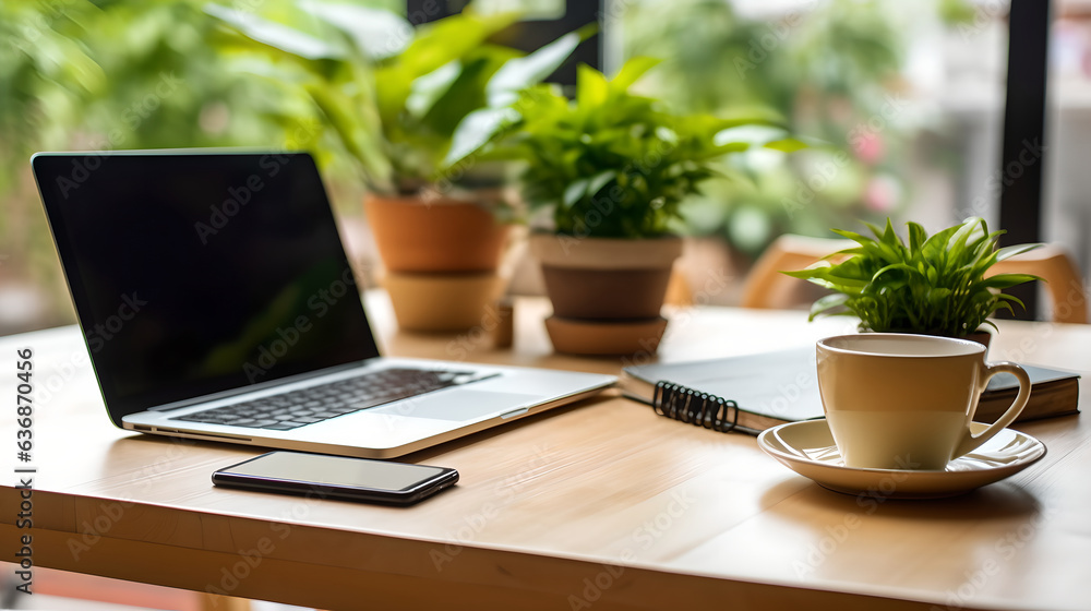 Modern freelancer workplace with laptop and cup of coffee on a wooden table and green plants on the 