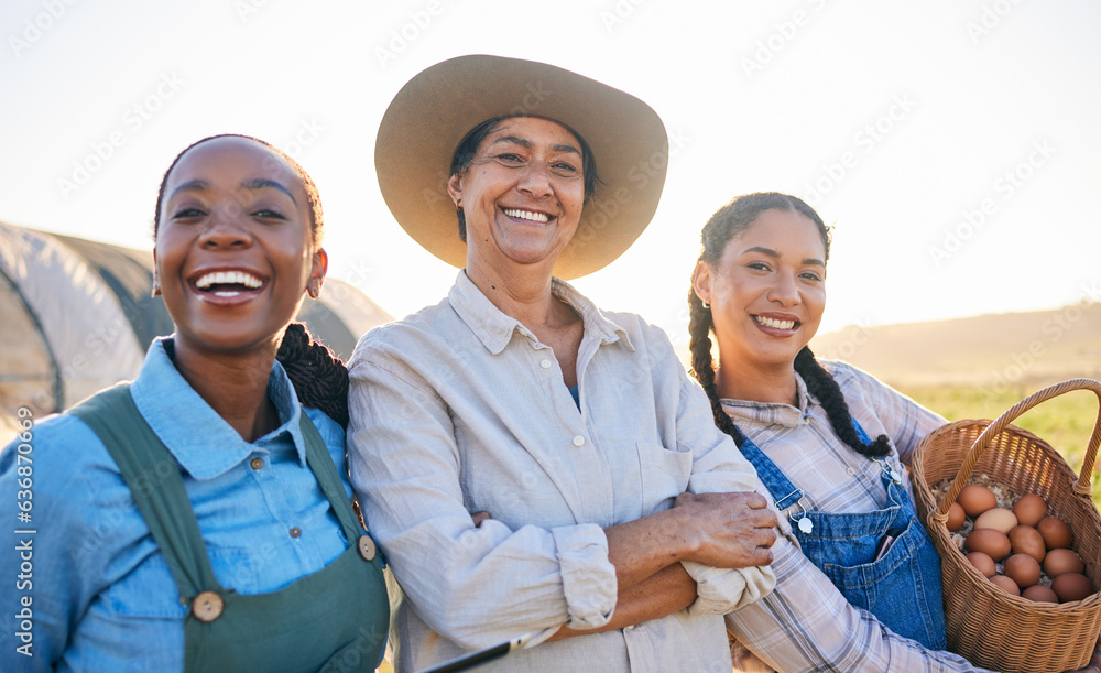 Chicken farm, women portrait and eggs outdoor with management and collect. Agriculture, sustainabili