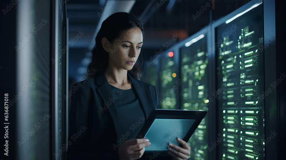 Successful young female data center it specialist using a digital tablet while working in a server r