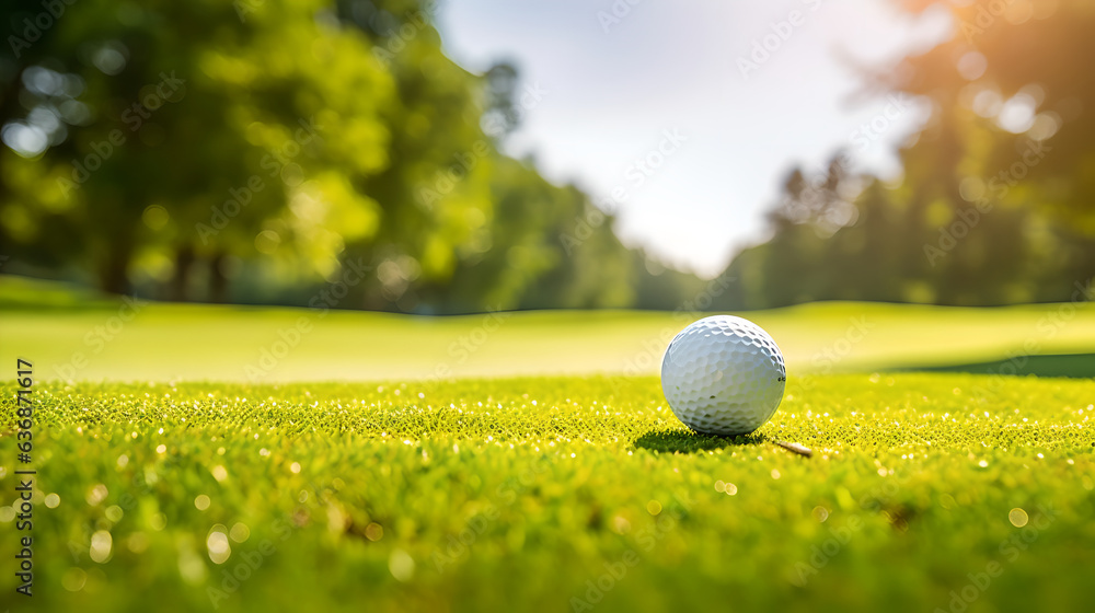 Close up of golf ball on green grass of the golf field