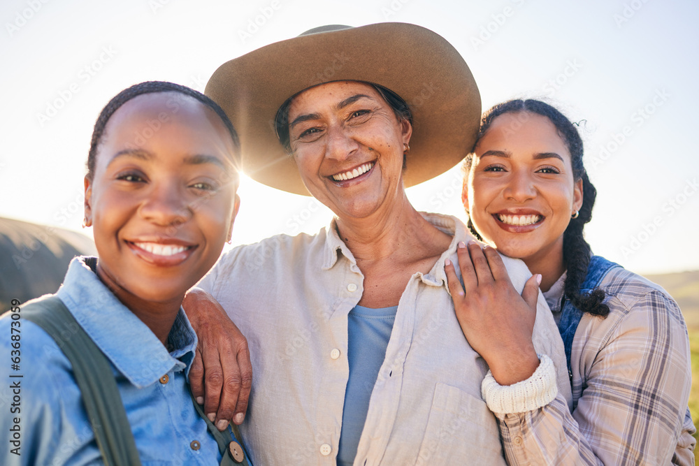 Countryside, outdoor and women with a smile, agriculture and connect with fun, happiness and relax. 