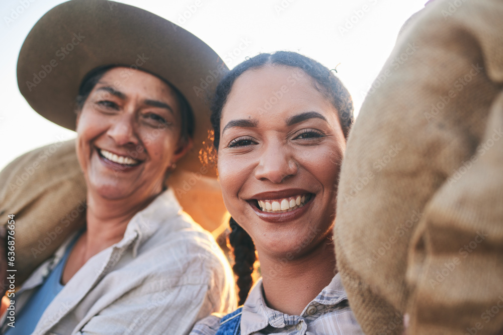 Farm harvest, women portrait and countryside with a smile from working on a grass field with grain b