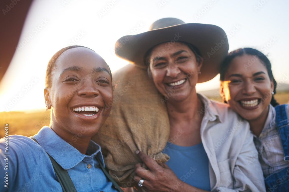 Women, agriculture and group in outdoor selfie with smile, countryside or bag with memory, harvest a