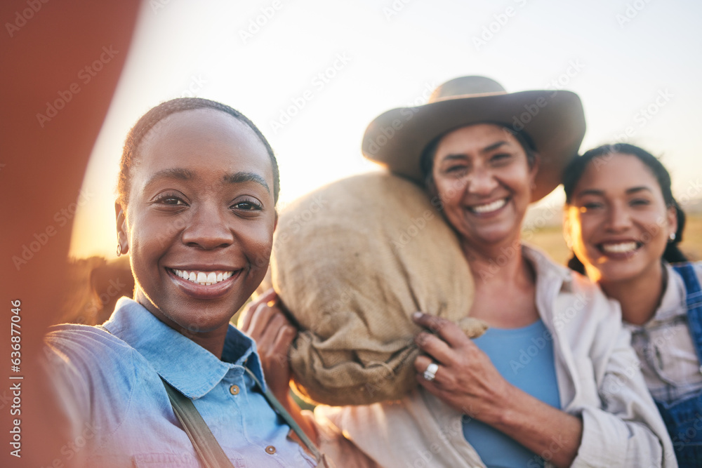 Women, agriculture and group selfie with smile, countryside and bag with memory, harvest and farming