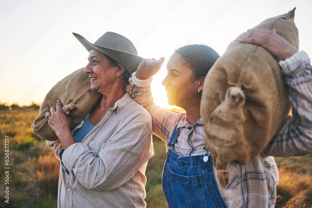 Farm harvest, women and countryside with a smile from working on a grass field with grain bag. Susta