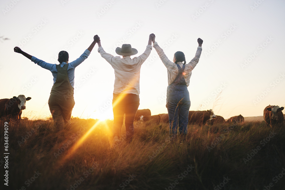 Farm, success and women back with celebration, happy and excited for cattle industry growth or devel