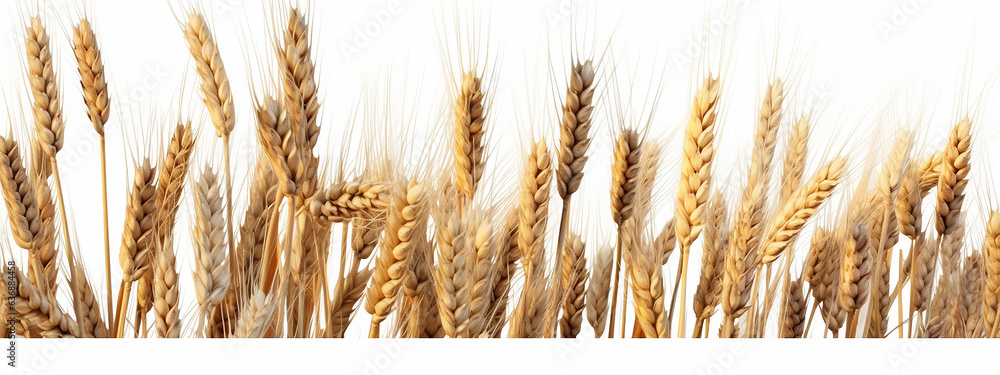 a group of golden panorama, yellow wheat ears isolated on a white background row.