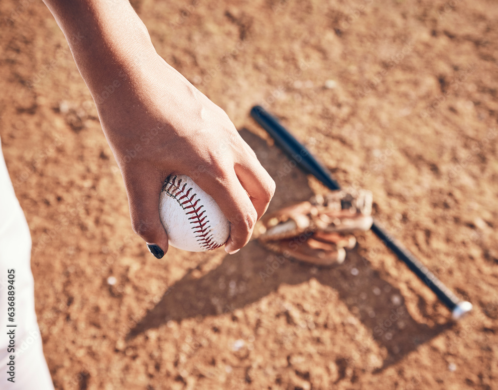 Softball, hand and ball with athlete on pitch, sports and person playing game, closeup and fitness o