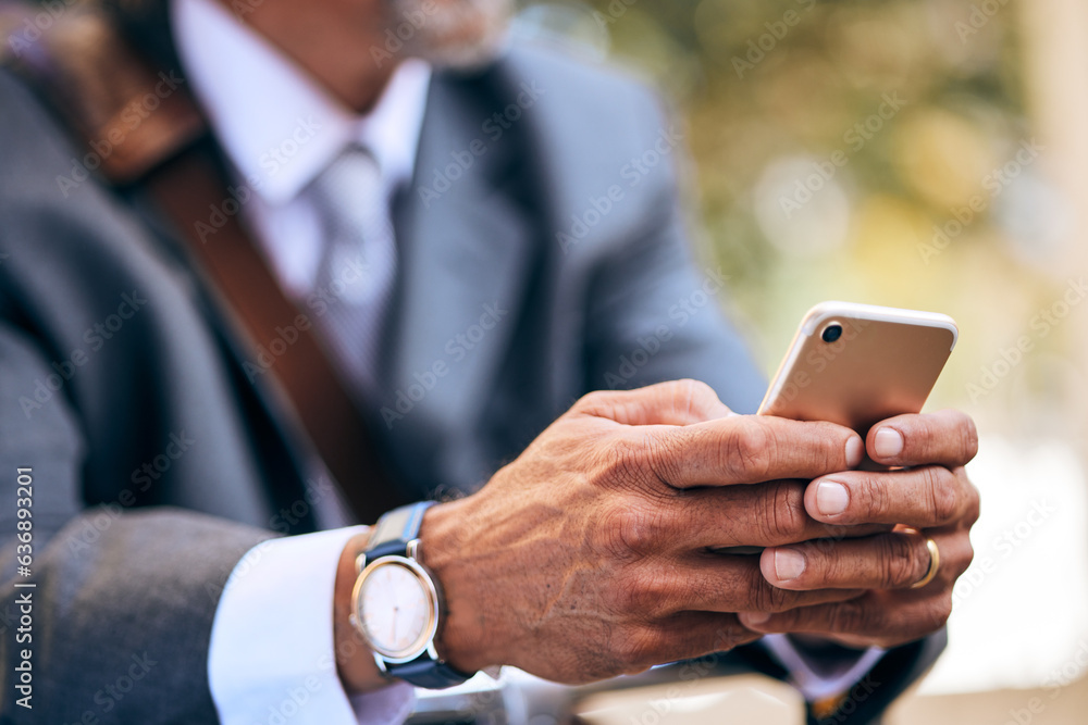 Outdoor, hands and man with smartphone, business and connection with social media, typing or network