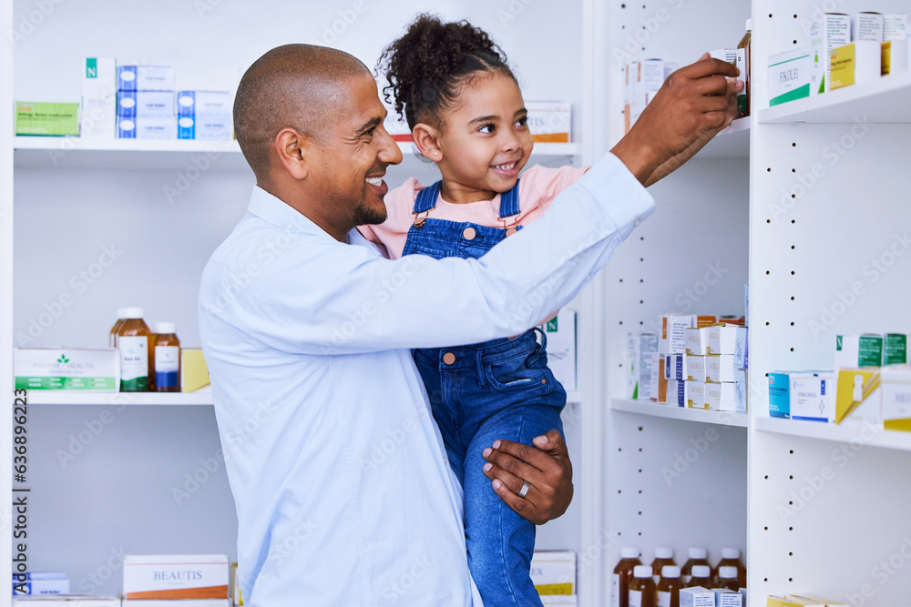 Pharmacy, child help and family with medication, learning and healthcare study for education. Pharma