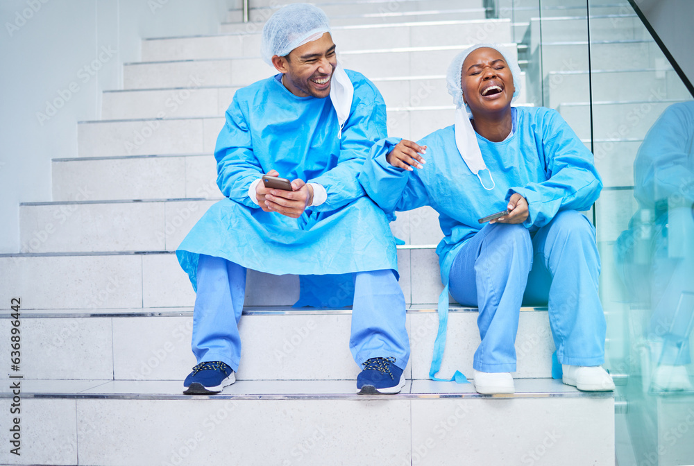 Surgeon, conversation and laughing on hospital stairs with phone and funny meme. Healthcare, medical