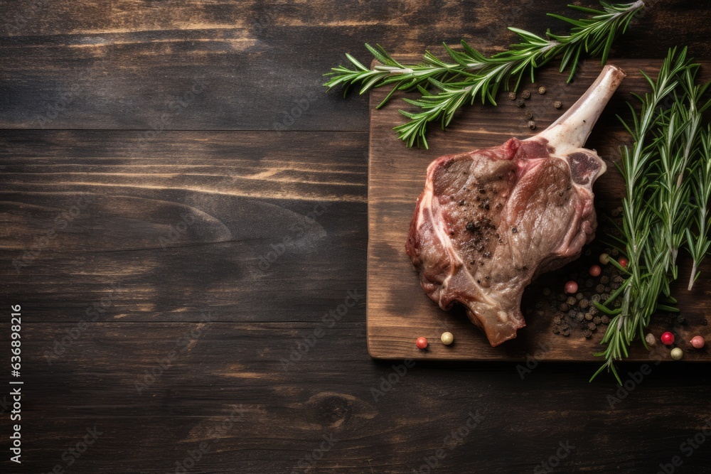 Mutton and herbs on wooden chopping board.