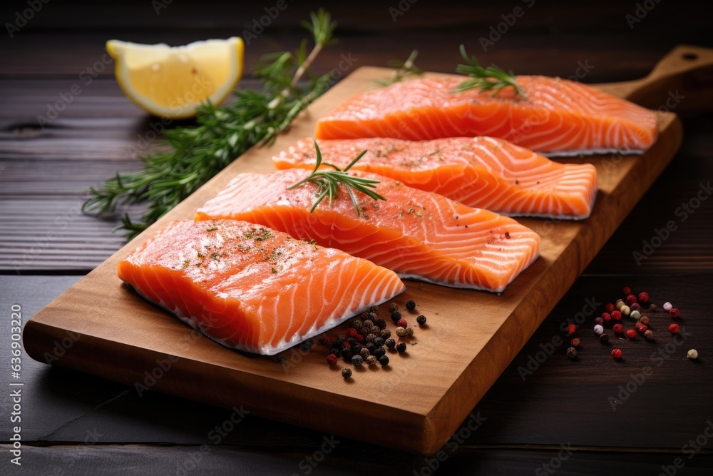 Raw Salmon fish fillet on chopping board.