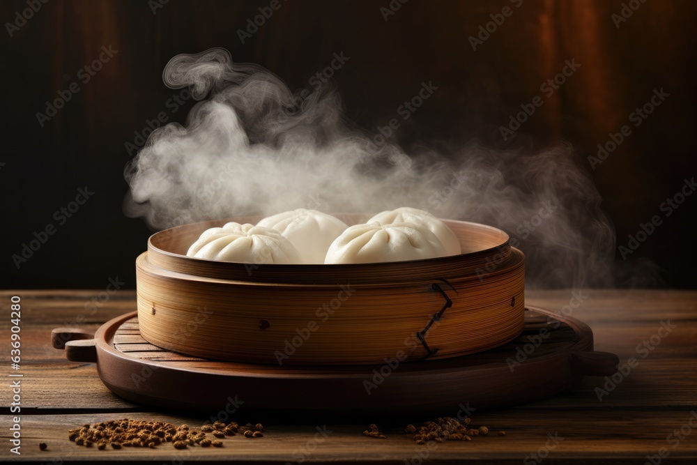 Chinese food steamed bun on wooden counter top.