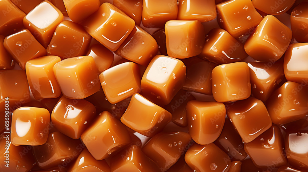 Toffee candy, caramel candies background. Sweet backdrop. Generative AI