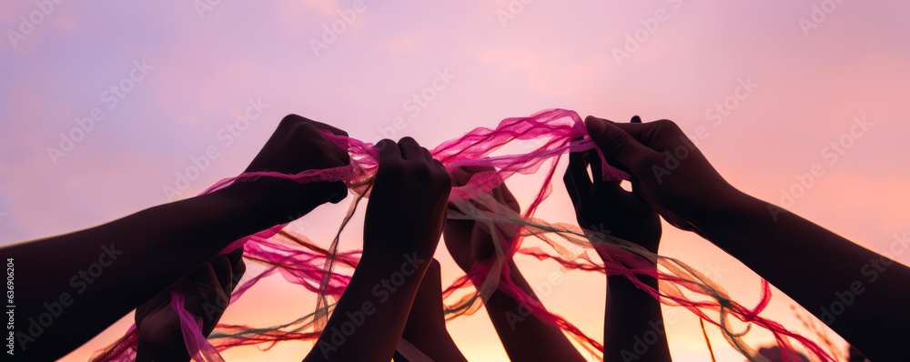 Captivating display of diverse hands holding vibrant, interconnected ribbons against a stunning suns