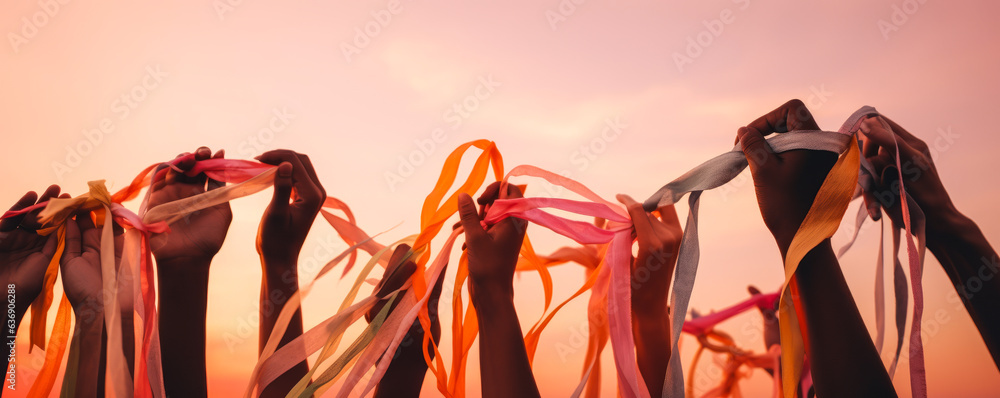 Inspirational multiracial hands holding vibrant ribbons forming interconnected network against mesme