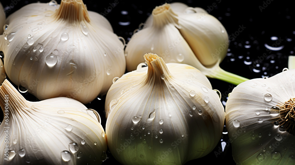 Fresh garlic with water drops background. Vegetables backdrop. Generative AI