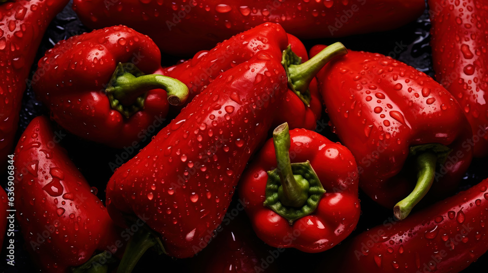 Fresh red bell peppers with water drops background. Vegetables backdrop. Generative AI