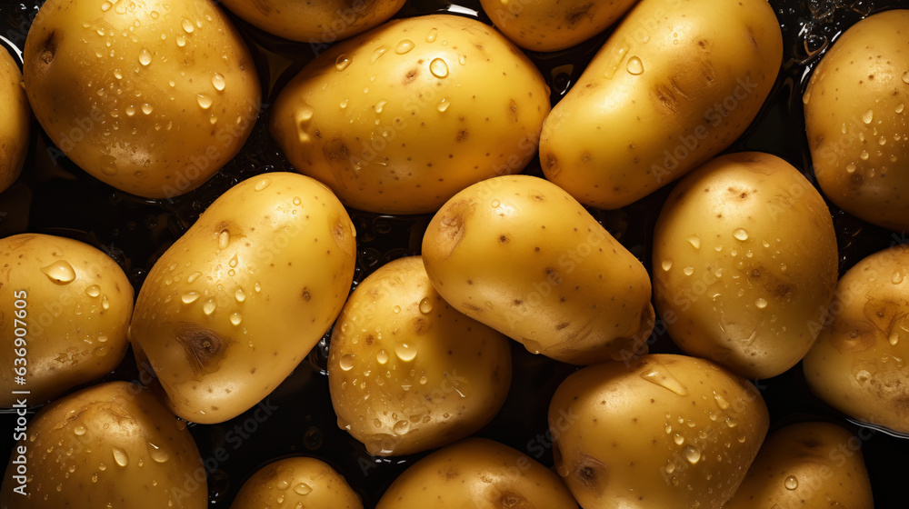 Fresh potatoes with water drops background. Vegetables backdrop. Generative AI