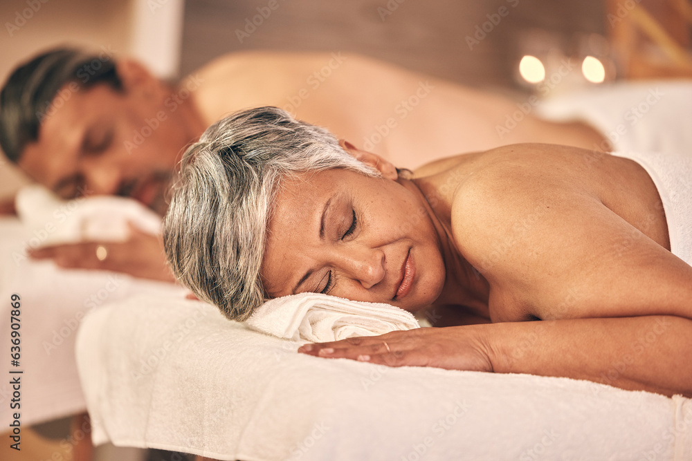 Relax, massage and mature couple in spa for holiday, vacation and marriage anniversary for wellness.