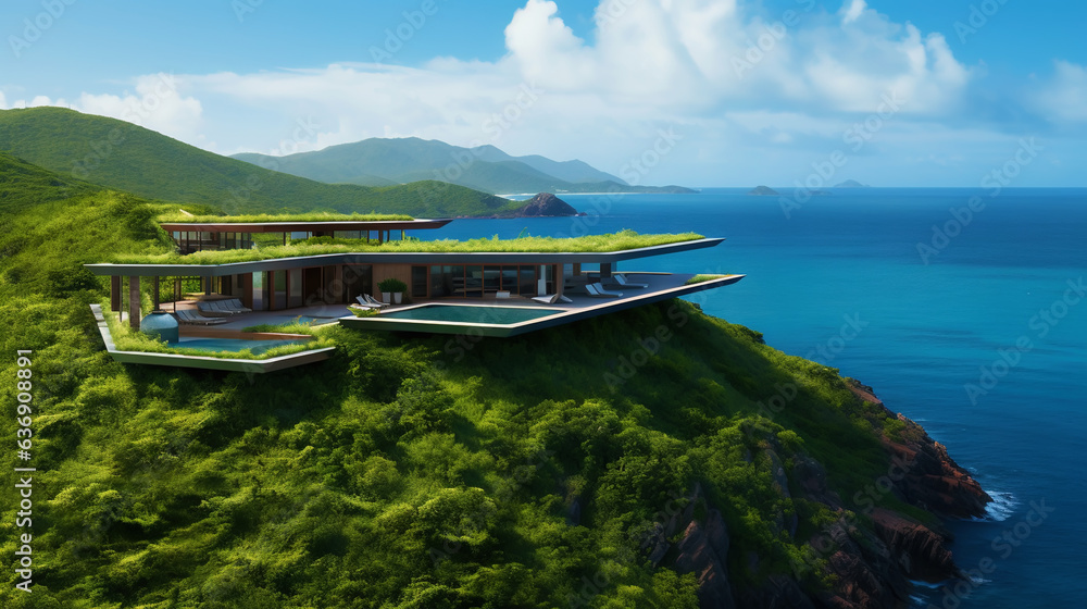 Luxury contemporaty villa on a mountain hill with a view on ocean. Generative AI