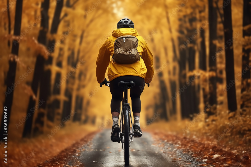 a cyclist rides a bike on a road in an autumn forest with yellow leaves, a view from the back