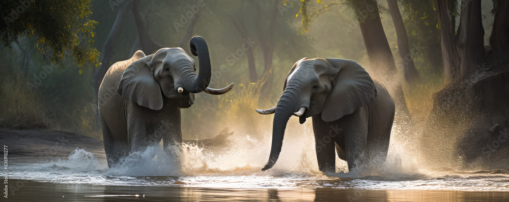 Exhilarating scene of jubilant elephants playfully splashing water in a serene, sun-kissed river ami