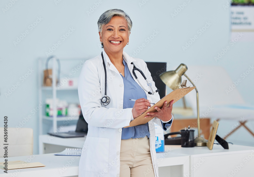 Smile, doctor and checklist with portrait of woman in hospital for consulting, medical and pharmacy.