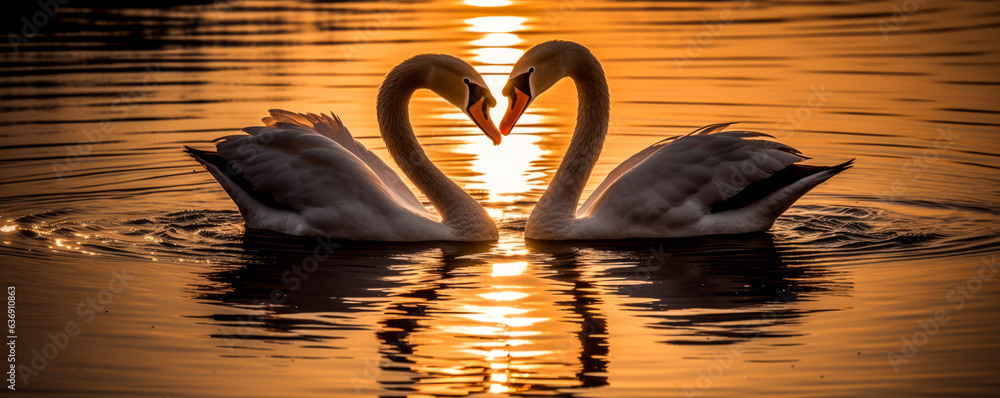 Enchanting scene of swans forming a heart, beak-to-beak on a serene lake reflecting warm sunset hues