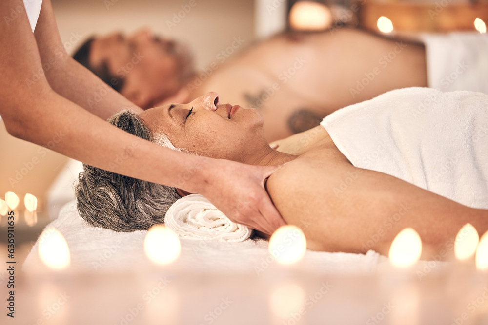 Relax, massage and wellness with old couple in spa for vacation, luxury and beauty salon. Peace, zen