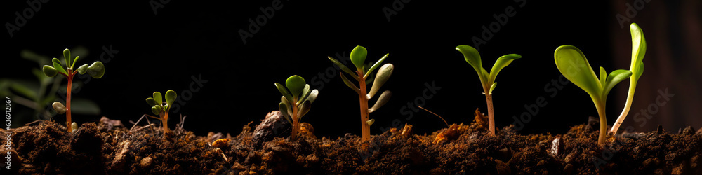 Inspiring sequential growth of a tiny plant in fresh soil, progressing from left to right, rendered 