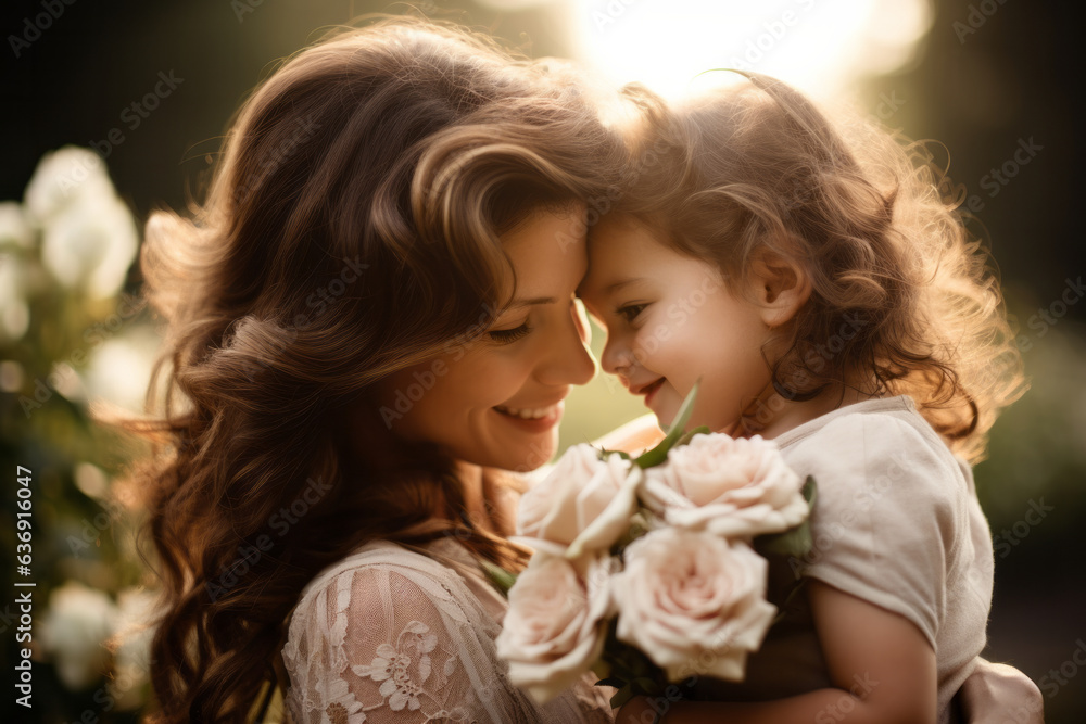 Mother holding her daughter in her arms in middle of beautiful nature , parent child family relation