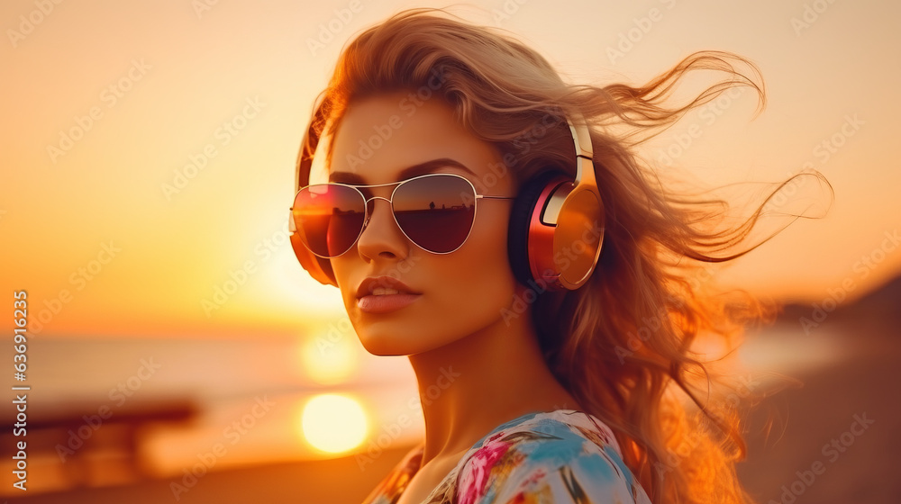 Summer end sunset beach view with fashionable girl wearing big headphones and trendy sunglasses